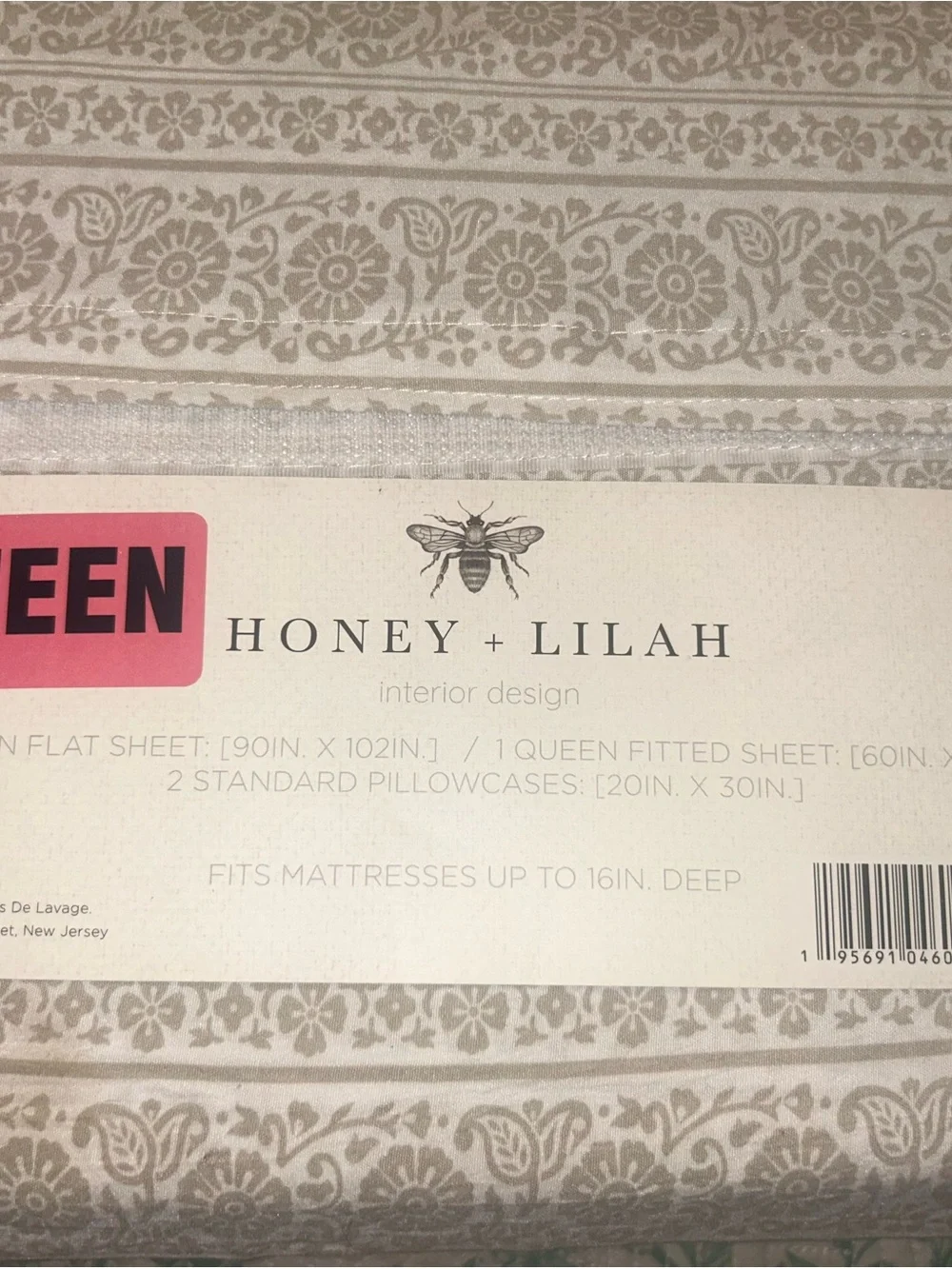 Honey + Lilah 4-Piece Queen Sheet Set Deep Fitted Garment Washed Gray Floral